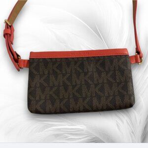 Michael Kors Brown Monogram Canvas Crossbody Bag with Red Leather Trim